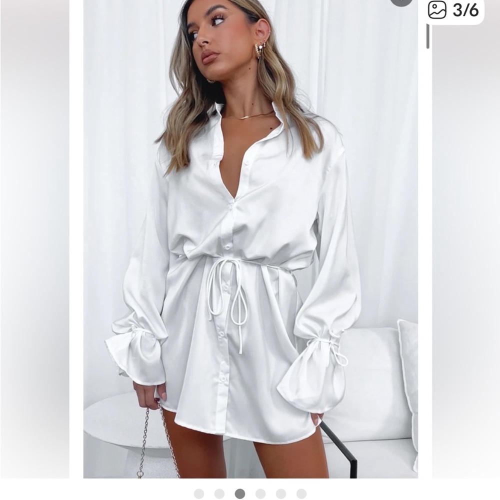 White Fox Boutique White Satin Long Sleeve Mini Shirt Dress